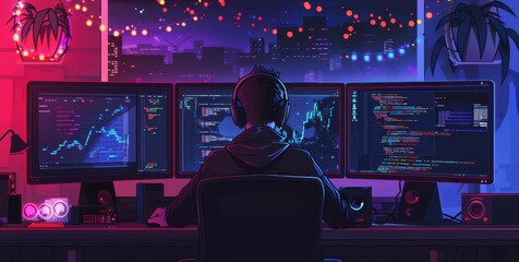 Nightshot of a programmer working on multiple monitors with colorful string lights, featuring graphs and code in a modern home office setup.