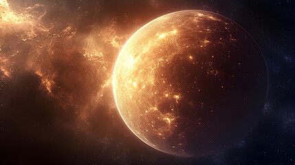 Wall Mural - glowing planet in space with a nebula in the background.