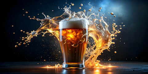 Glowing abstract splash forming a beer glass silhouette concept as An abstract splash of glowing digital liquid takes the shape of a beer glass set against a dark dynamic background. The camera captur