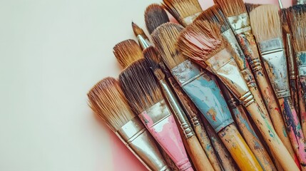 A collection of old paintbrushes on a white background, viewed from above. A creative and artistic concept featuring numerous colorful artist's brushes