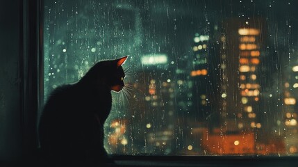 Wall Mural - Rain taps against a window as a cat watches the city below, the scene outside softened by the droplets, creating a peaceful urban moment.