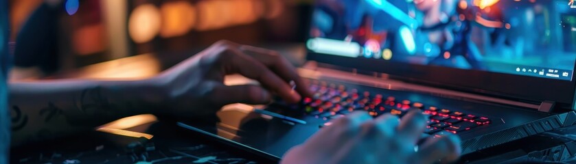 Person gaming on a laptop with colorful backlit keyboard in a dimly lit room, focusing on a vibrant screen during an intense session.