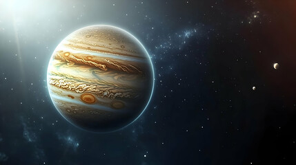 Wall Mural - jupiter, a gas giant with swirling clouds, sits in space with stars and its moons.
