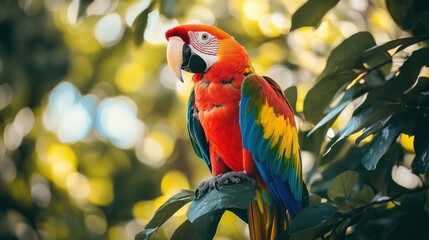 A parrot with beautiful feathers or the Latin name Gracula perches on a forest branch background wallpaper AI generated image