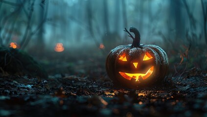 Halloween pumpkin with glowing face on dark background in foggy forest, banner design. Halloween concept. Blue and orange colors.