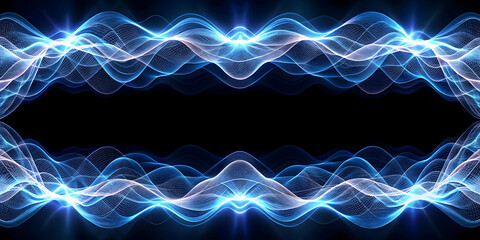 3D Digital waves border with glowing edges and central copy space concept as A border frame featuring digital waves with glowing edges that frame a central copy space. The waves create a dynamic and f