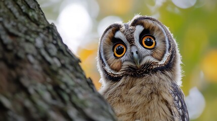 wild bird owl with big eyes peeking behind the trunk of the forest tree background wallpaper ai gene