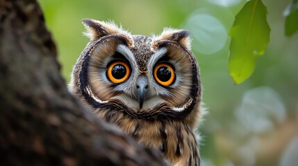 Wild bird owl with big eyes peeking behind the trunk of the forest tree background wallpaper AI generated image