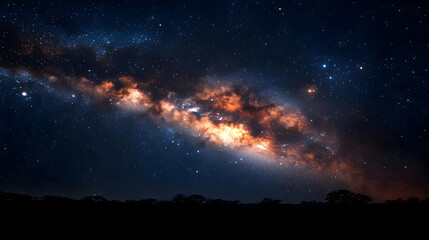 Milky Way galaxy with orange glow over a dark horizon with trees.