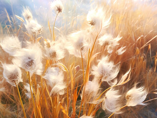 Wall Mural - White grass flower blowing in the wind with sunlight,Low angle view of plants growing on field