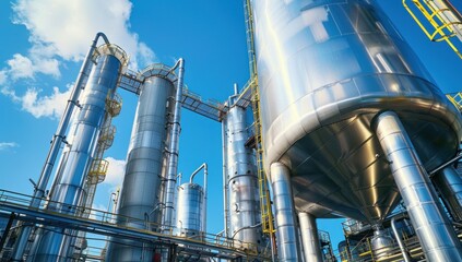 A photo of an industrial chemical plant with towering metal tanks and pipes, illuminated by the blue sky above