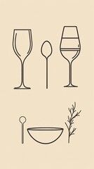 Wall Mural - Fine line art features a variety of elegant glassware, spoons, and a bowl, showcasing refined restaurant tableware designs for upscale dining