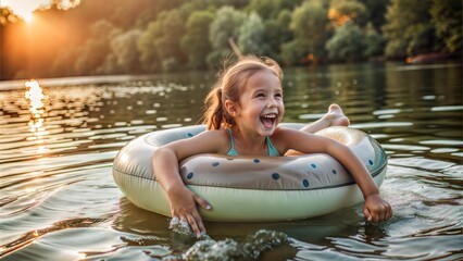 Wall Mural - happy girl swims on an inflatable circle