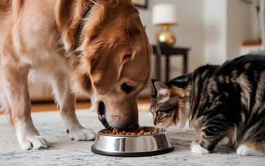 Dog and a Cat are Eating Food out of a Bowl Together, The dog's bowl is placed in front of the cat's bowl.