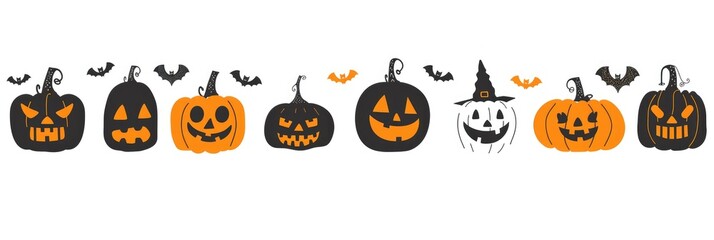 Vector illustration of row of silhouette pumpkins with angry faces on white background, halloween decoration