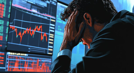 A man is looking at the stock market on his computer screen, with one hand touching his face in despair as he watches the shares fall down.