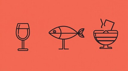 Wall Mural - This vector set highlights restaurant themes featuring a wine glass, a fish, and a dessert bowl, perfect for culinary designs