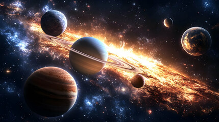 Wall Mural - planets and a ringed galaxy with bright light.