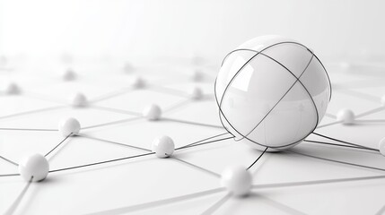 Network of business connections, large central sphere made of connected lines, white background, flat design illustration