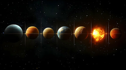Wall Mural - planets and star in space with glowing lines.