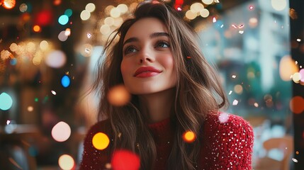 young woman enjoying the holiday under festive confetti, in the restaurant or cafe, close up portrait. Glamorous new years eve celebration, birthday or party concept. copy space.