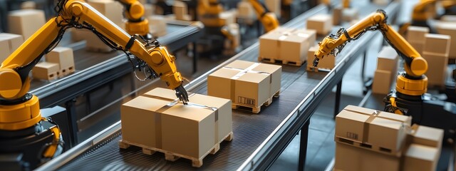 A high-tech factory floor with robotic arms neatly arranged, carrying out precise cardboard packaging in an industrial setting. The scene is captured from above, showcasing the advanced technology