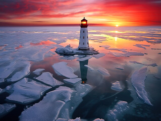 Poster - Dramatic icy twilight with stunning Lighthouse reflected in ice covered water surface, dawn harbor