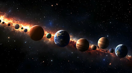 Wall Mural - Planets lined up in a row against a starry backdrop.