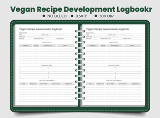 Vegan Recipe Development Logbook Tracker Template, Printable Planner Vector Illustration.