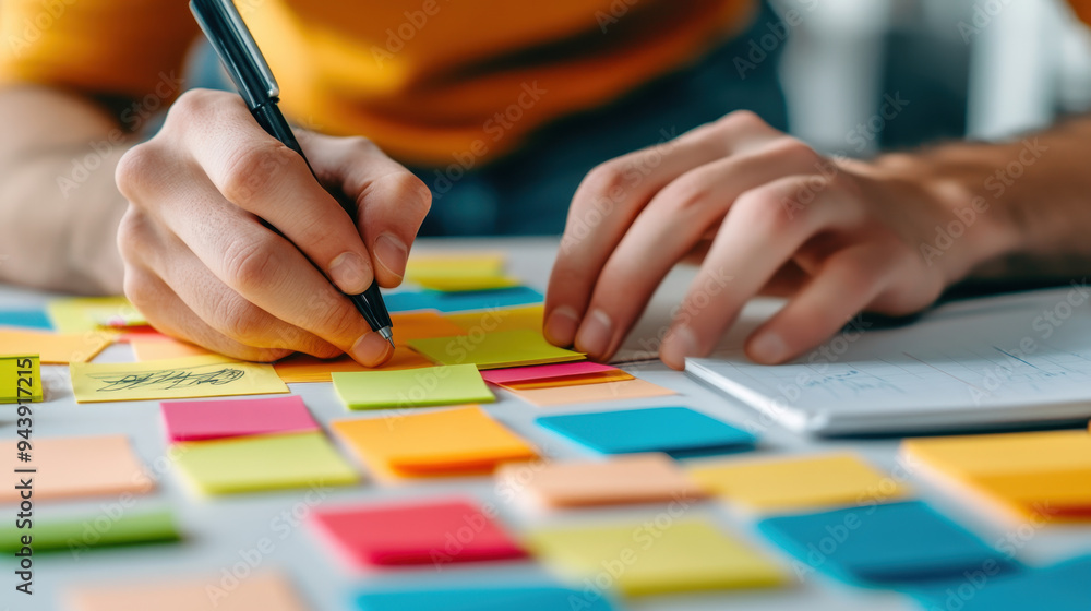 Sticky Notes Person Person writing on colorful sticky notes while organizing ideas and ...