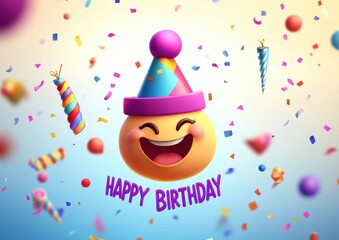 Wall Mural - Happy birthday card with a smiling emoji face, party popper, and the text 