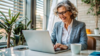 Sticker -  happy mature business woman entrepreneur in office