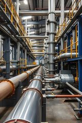 Industry pipeline transport gas and oil processing. Industrial facility with large metallic pipes, showcasing a complex network of machinery and equipment for processing or manufacturing.