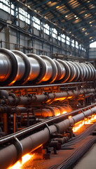 Industry pipeline transport gas and oil processing. Industrial facility with large metallic pipes, showcasing a complex network of machinery and equipment for processing or manufacturing.