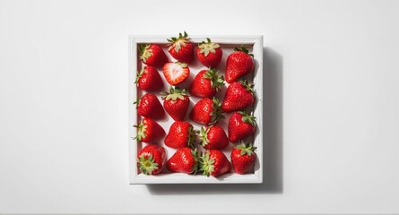 Sticker - Fresh strawberry fruits on white. Top view, copy space