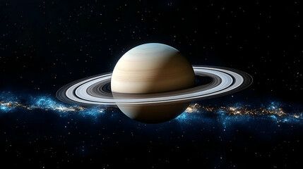 saturn with its iconic rings and a galaxy in the background.