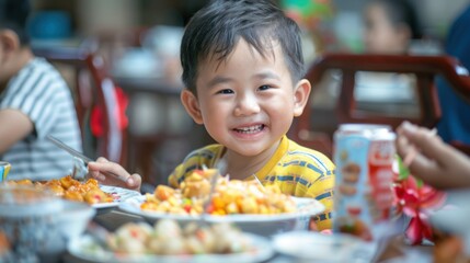 A Chinese child enjoying a meal with family, celebrating a holiday