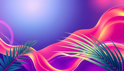 Electronic music fest summer wave poster with fluid shapes and gradient palm leaf. Club party flyer. Abstract gradients background isolated with white highlights, png