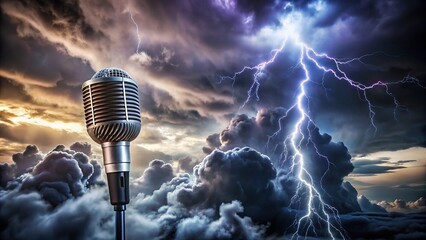 A dramatic close-up of a microphone in front of a vibrant, ominous thunderstorm background, with electrified clouds and bolts of lightning illuminating the dark sky.