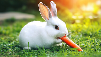 White rabbit eating carrot on the green grass field