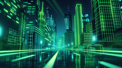 The Night city street with road and green neon, game background, Illustration