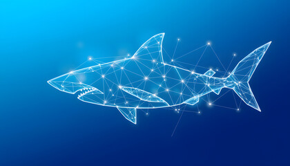 Abstract shark form lines and triangles, point connecting network on blue background. Illustration vector isolated with white highlights, png