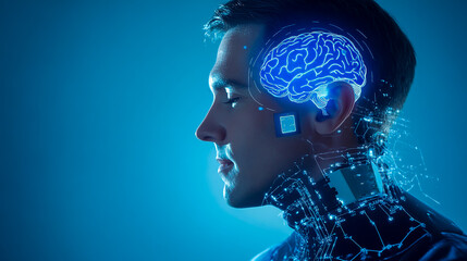 Wall Mural - A chip is visible inside the head of an adult human, with brain imagery in blue background