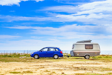 Canvas Print - Caravan trailer camping on coast, Spain.