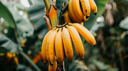 A magnified view of ripe fresh bananas hanging from a tree with lush foliage around them