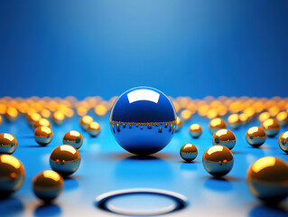 abstract geometric design: gold ball amongst blue balls isolated on blue background