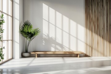 Poster - A white room with a wooden wall and a plant in a white pot