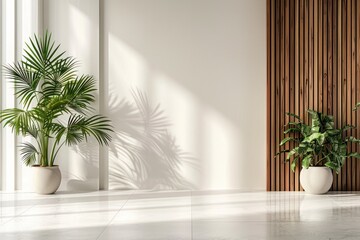 Sticker - A white room with a large window and two potted plants