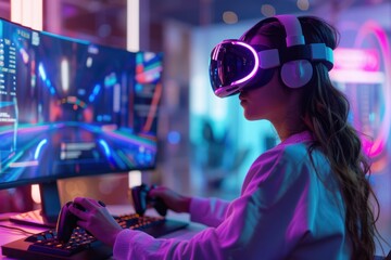 A woman is playing a video game with a VR headset on