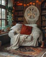 Wall Mural - Cozy Reading Nook with a Dream Catcher and a Throw Blanket